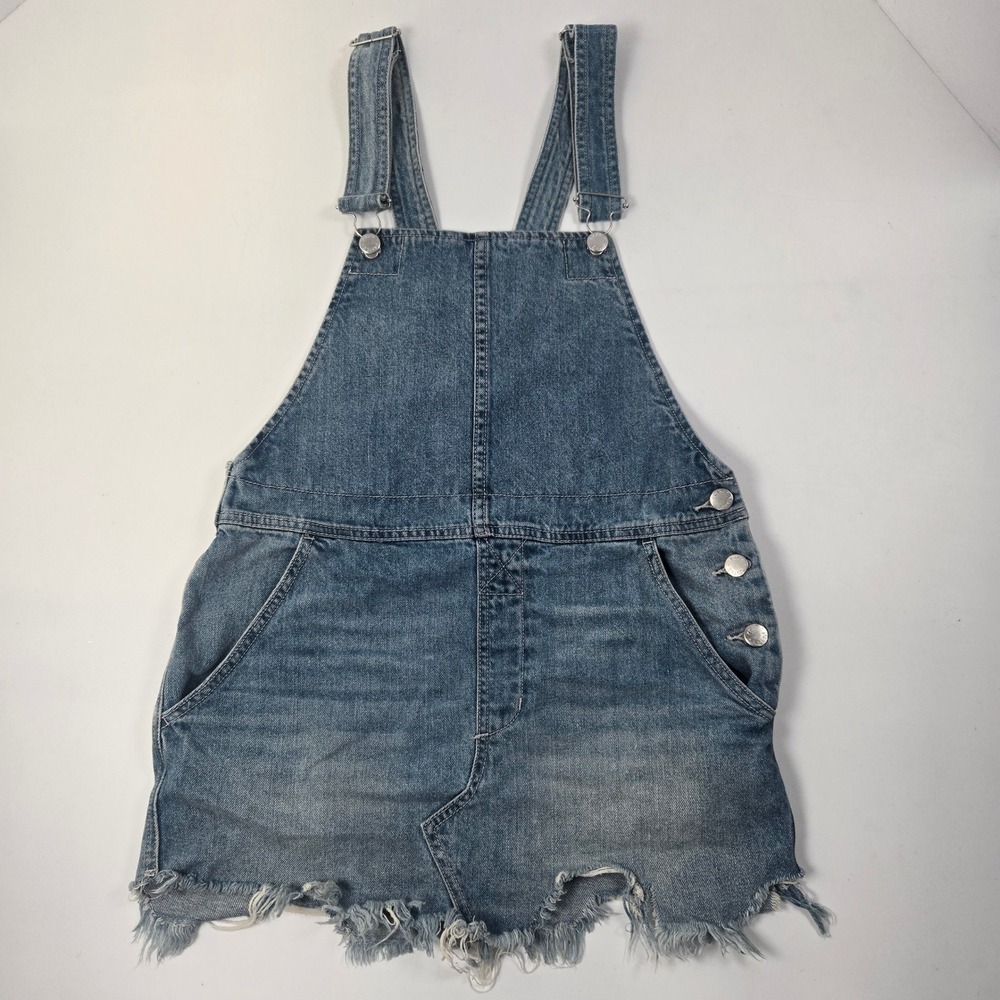 Free People Denim Overall Dress Women 4 Blue Distressed Frayed Hem Mini Pinafore